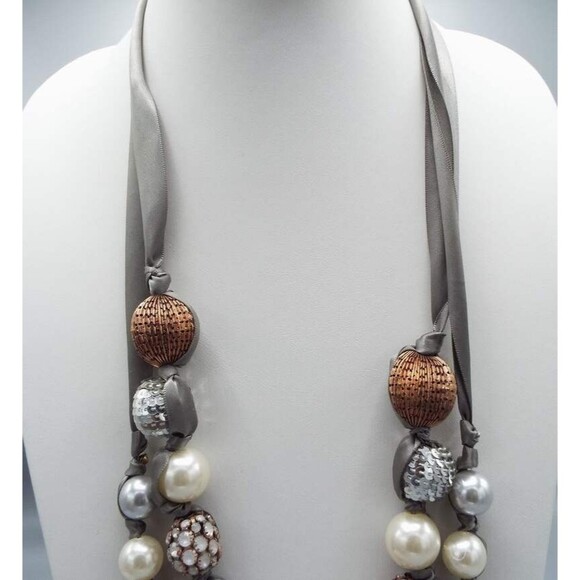 Chico's Disco Party Faux Pearl Embellished Beads Gray Ribbon Chain Long Necklace - Picture 3 of 6